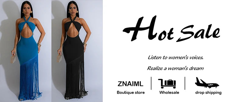 Znaiml Sexy Halter Backless Tassel Bodycon Blue Maxi Dress for Women Elegant Celebrity Birthday Party Evening Prom Formal Robe