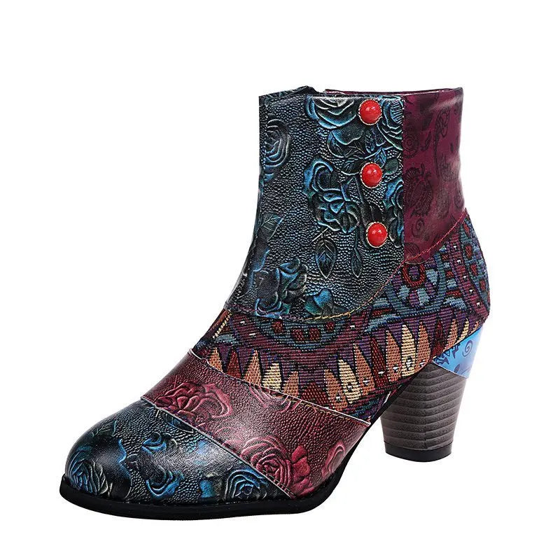 Vintage Printed Leather Zippered Ankle Boots for Women