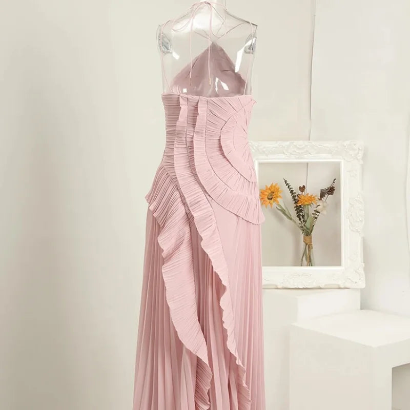 Chic Pleated Halter Neck Long Vacation Dress High Quality Purple Strapless Lotus Edge Maxi Dress 2025 New Lady Vacation Gown