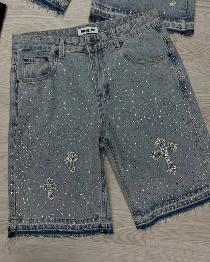 Streetwear Vintage Cross Rhinestone Sequin Denim Shorts Y2K Mens Womens Vintage Washed Baggy Casual Shorts Over The Knee Pants