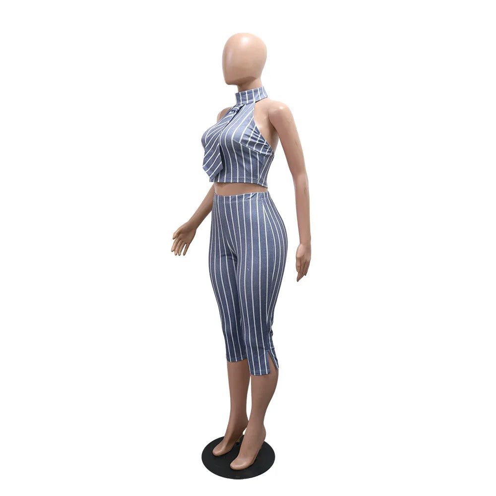 CM.YAYA Striped Printed Women's Set Sleeveless Necktie Tops and Leggings Pants 2025 Sexy Party Two 2 Piece Sets Outfit Tracksuit