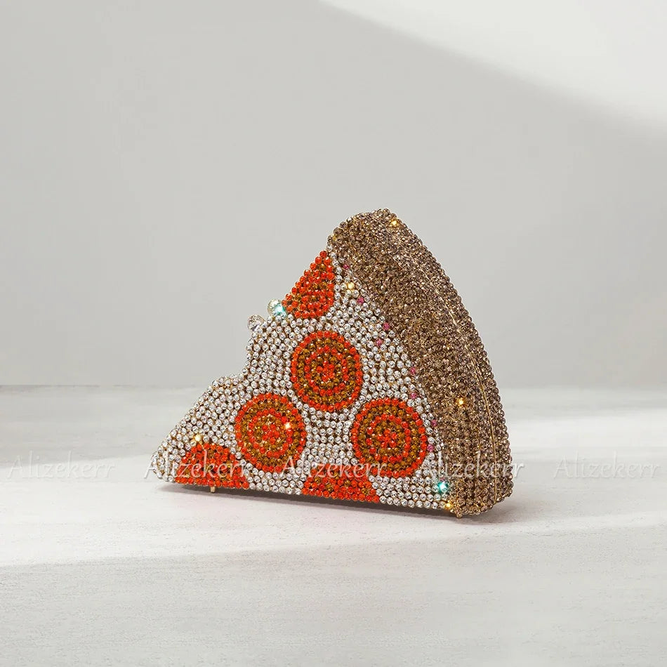 Alizekerr Pizza Shaped Diamond Evening Clutch Bags 2024 New Gorgeous Unique Metallic Watermelon Rhinestone Purses Wedding Party