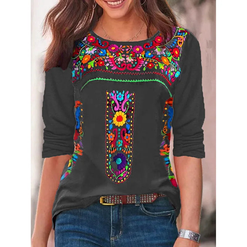2024 Europe and the United States spring and summer new women's top Bohemian print V-neck long sleeve T-shirt woman