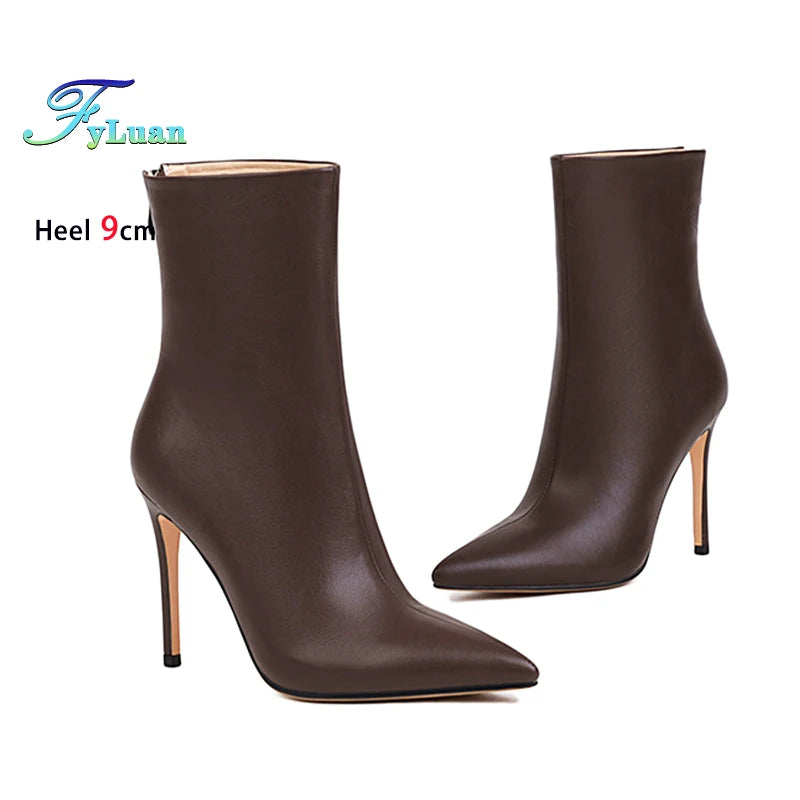 Elegant Plus Size Leather Pointed Toe High Heel Ankle Boots for Women
