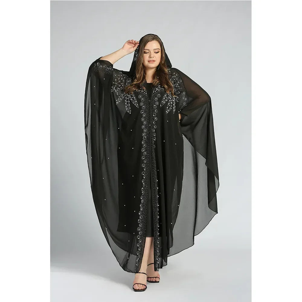 Middle East Africa Hot Muslim Long Robe Vintage Diamond Bead Shoulder Cover Hooded Cloak Dress Bat Sleeve Women's Dress New