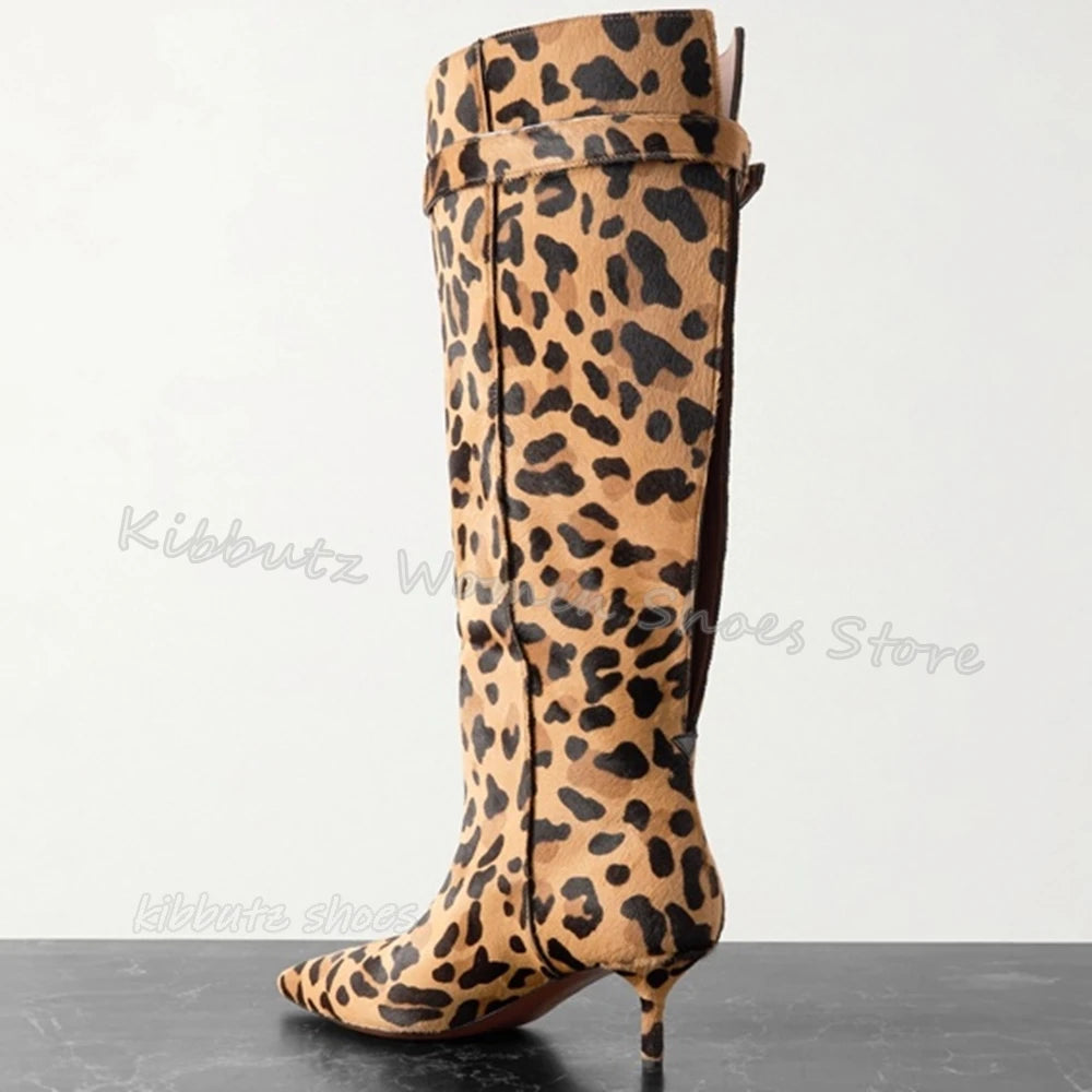 Leopard Print Knight Boots Knee High Horse Hair Retro Fashion Elegant Genuine Leather Slip-On Pointed Toe Thin Heels Women Shoes