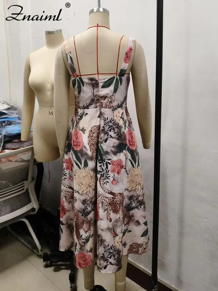 Znaiml Elegant Beach Floral Print A-Line Long Dress Summer Women Sleeveless Off Shoulder Strap Party Vacation Sexy Birthday Robe
