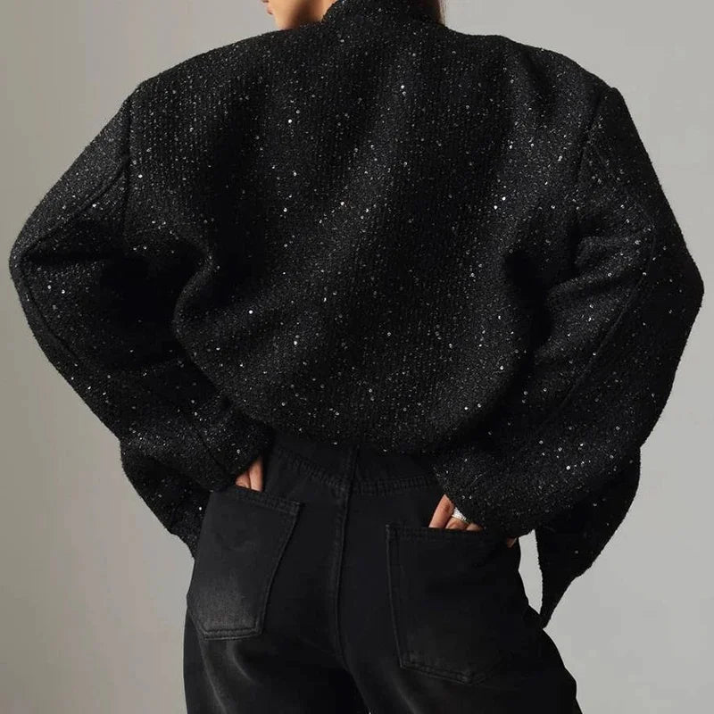 Suninheart Women's Sequined Bomber Jacket Fall O Neck Long Sleeve Pocket Stretch Hem Sequins Jacket Coat Female Chic Outerwear
