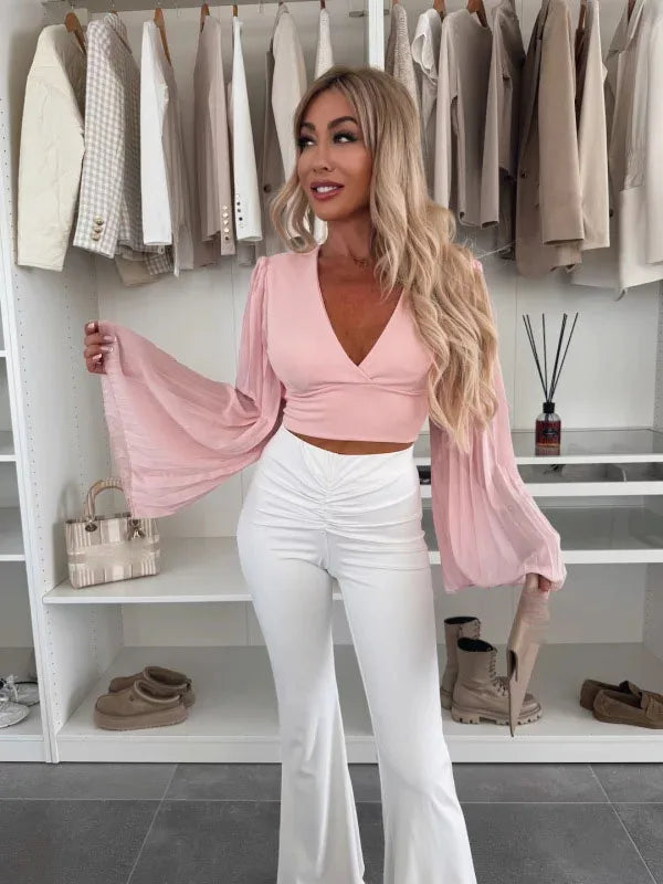 2025 Women's Spring Autumn New Fashionable Waist Collection Sexy V-neck Bag Sleeve Solid Color Wrinkled Long Sleeve Top