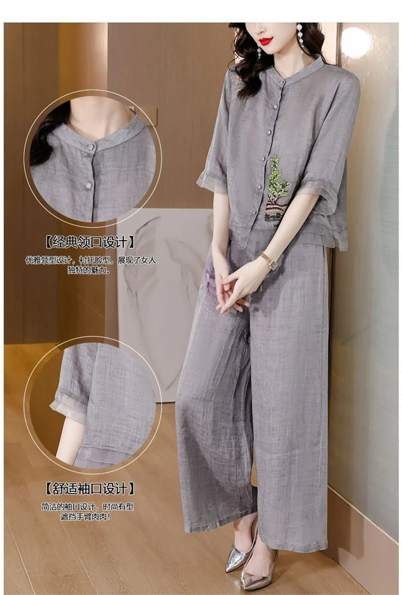 Grey Summer Art Embroidery Chinese Style Set Linen Western Style Summer Wide Leg Pants Casual Fashion Two piece Cotton Set XXXL