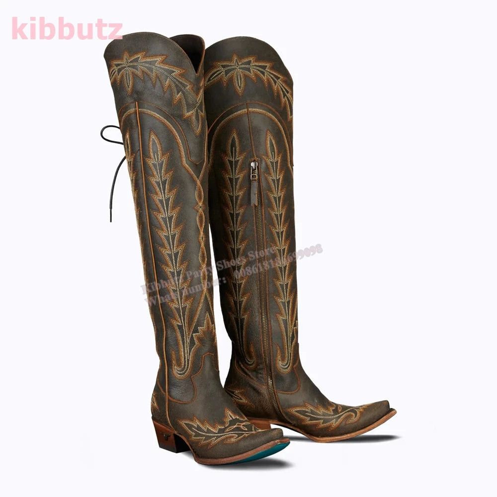 Rivet Cowboy Vintage Boots Over The Knee High Embroidery Lace-Up Luxury Leather Pointed Toe Chunky Heels Fashion Concise Shoes