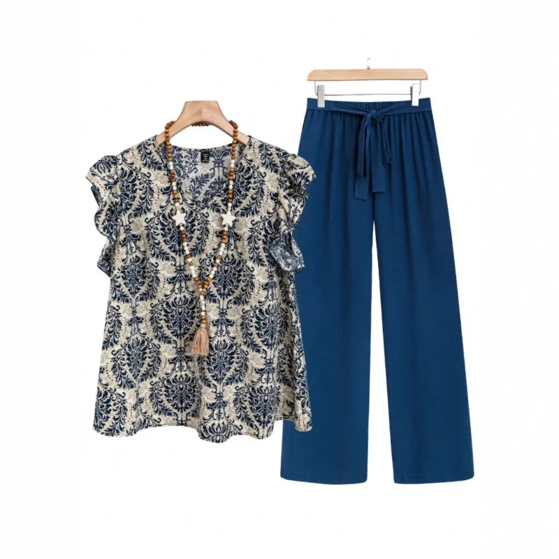 Casual 2 Piece Sets Women Outfit 2025 Summer Fashion Sleeveless Floral Print V-neck Shirts Tops And Pant Sets Elegant Suit