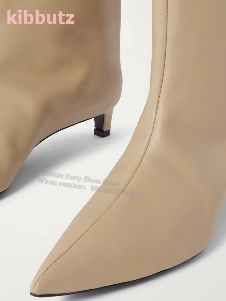 Novelty Leather Mid Calf Boots Chelsea Pointed Toe Kitten Heel Wide Mouth Sleeve Slip-On Solid Color Fashion Sexy Elegant Women