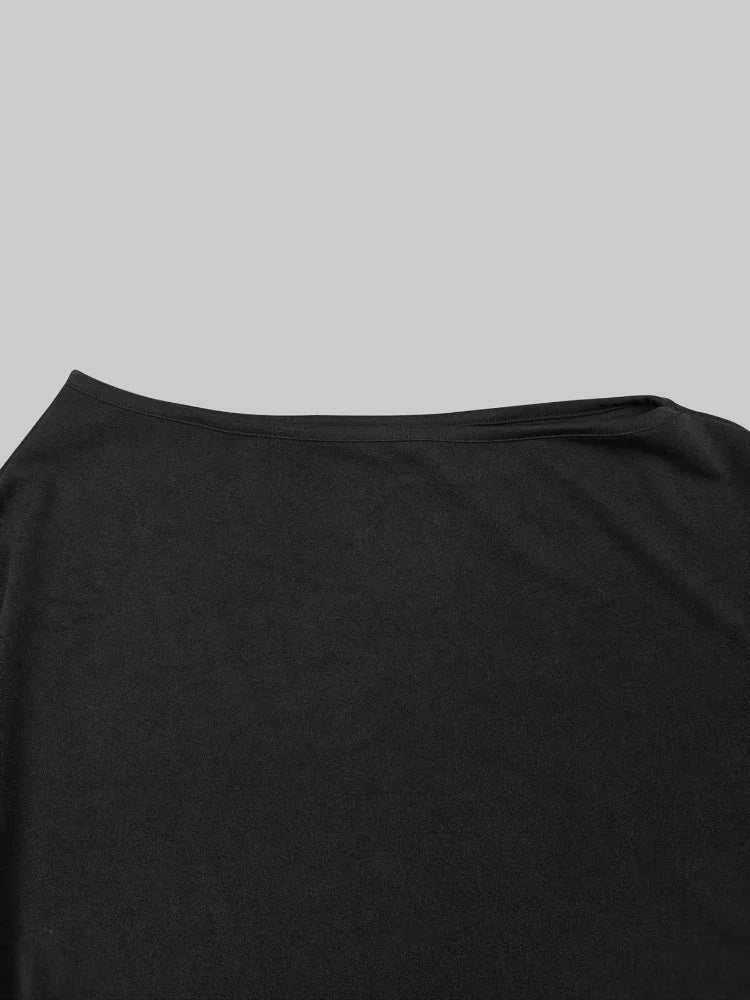 Beautyblue Black Women's T-Shirts Asymmetric Batwing Sleeves Tops New Casual One-Shoulder Loose Comfortable Female Blouses