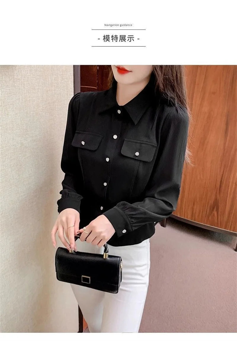 Autumn 2025 New Women Short Long-sleeved Chiffon Blouse Shirt Western-style Blouse Female Slim Pure Colour Bottoming Shirt