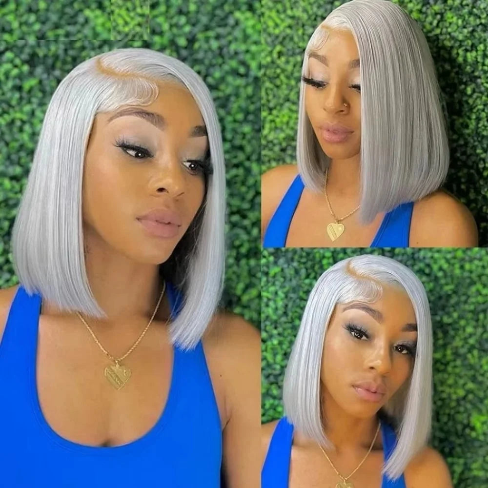 Silver Grey Straight Bob Human Hair Wigs Gray 13x4 Transparent Lace Front Short Bob Short Wigs Human Hair For Women Preplucked