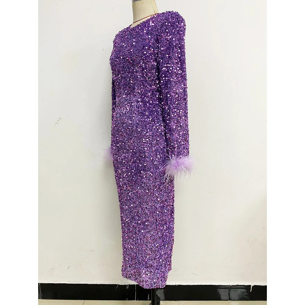 Women's Dress Elegant Celebrity Party Sequin Cuff Feather Retro Slim Long-Sleeve Long Dress Fashion Evening Party Dress