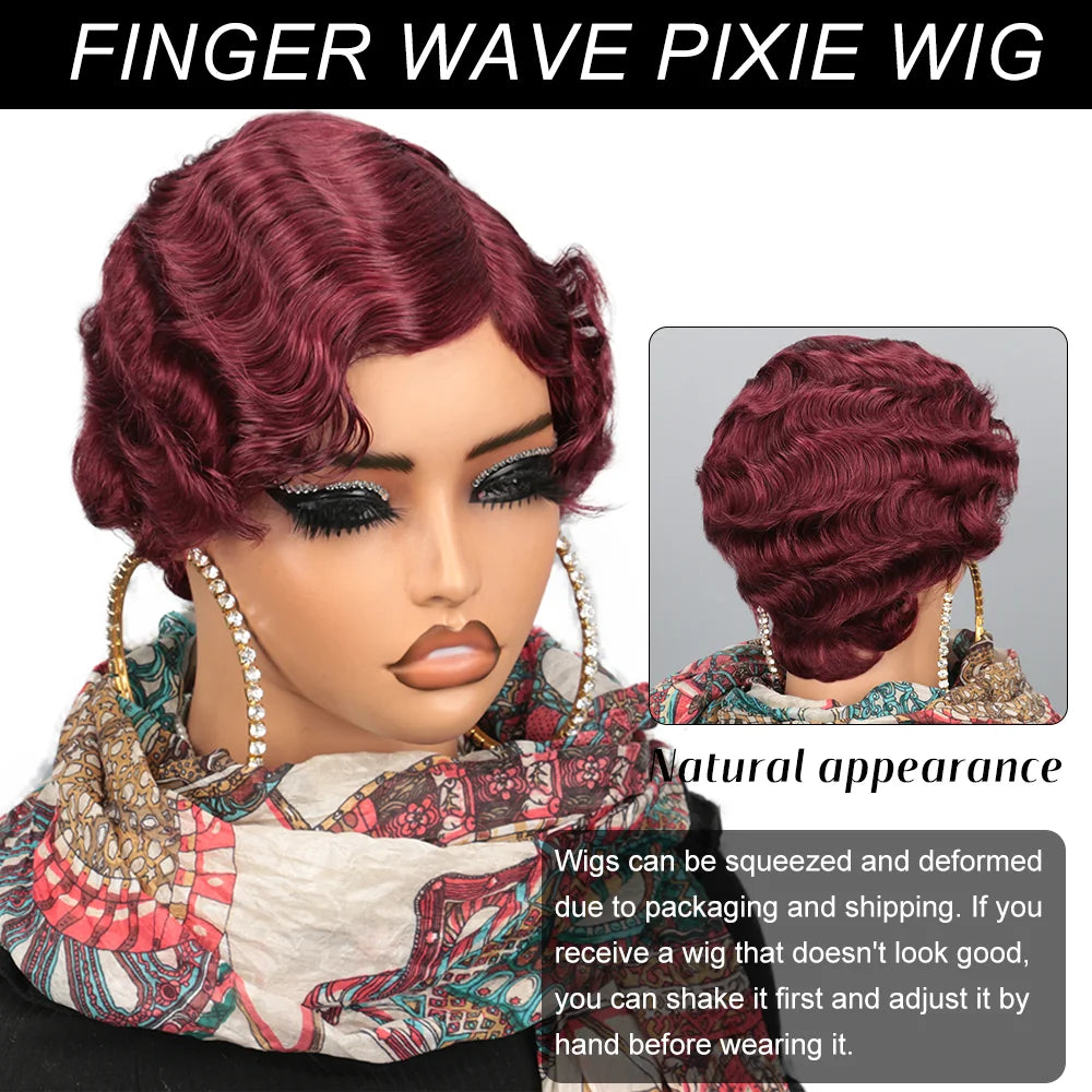 180% Density Glueless Brazilian Ocean Wave Human Hair Wig Burgundy 99J Colored Short Pixie Cut Loose Curly Finger Wave Style