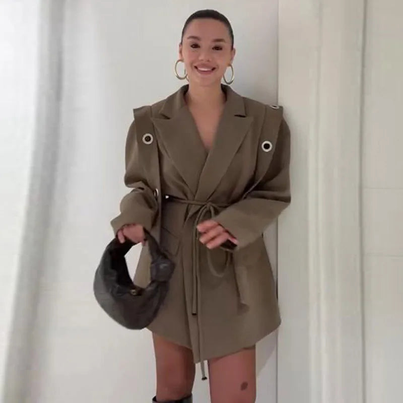 Vintage Tie Up Women 's Coats Elegant Laple Full Sleeve Pockets Hollow Out Blazer Female 2025 Autumn Winter Fashion Streetwears