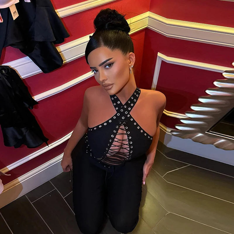 Sexy Halter Backless Black Jumpsuit Woman Elegant Sleeveless Lace-up Hollow Out Bandage One Pieces Romper Night Club Outfit