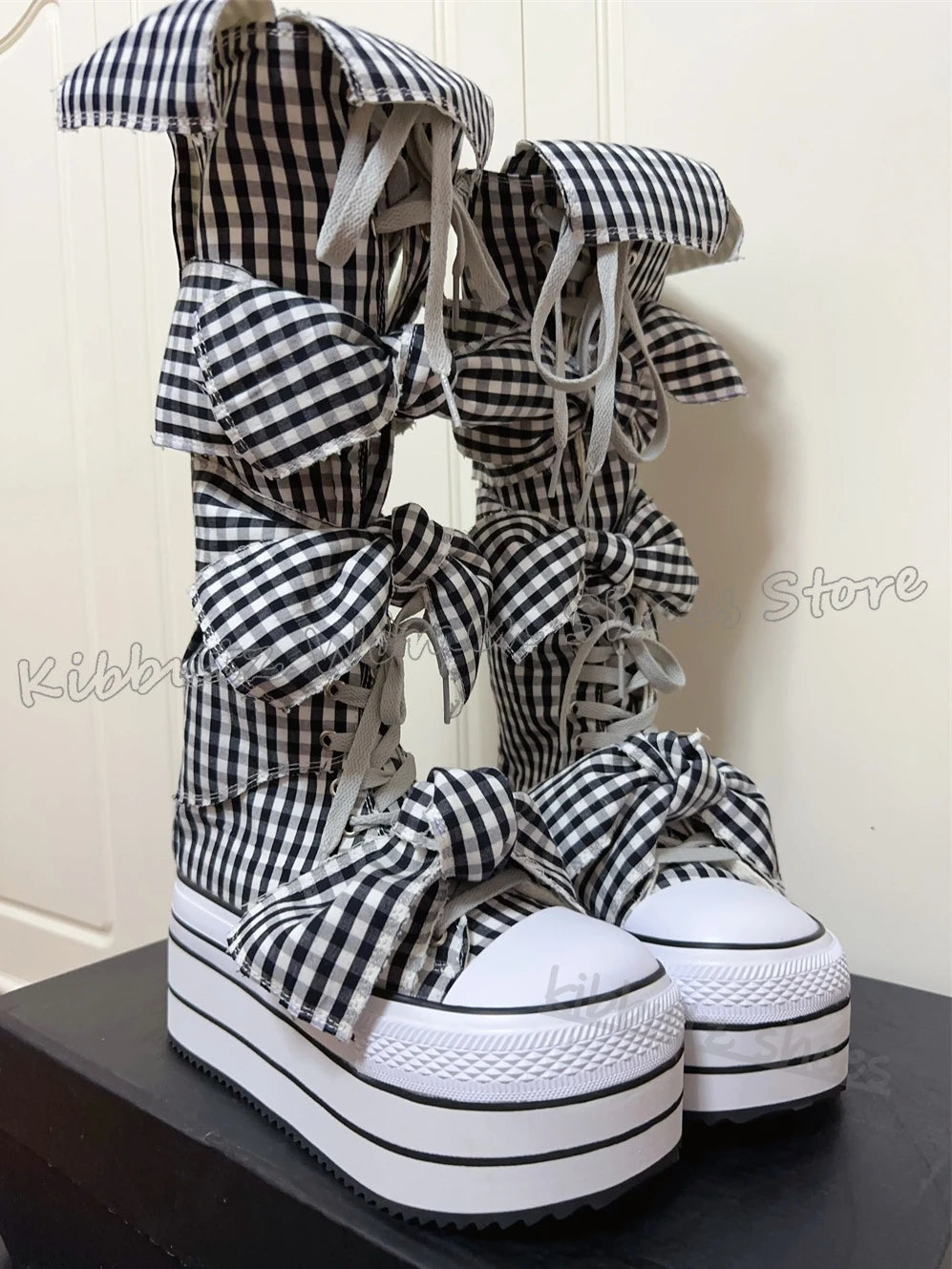 Checkered Canvas Boots Knee High Platform Lace-Up Mixed Color Fashion Elegant Luxury Novelty Women Shoes Round Toe Thick Bottom