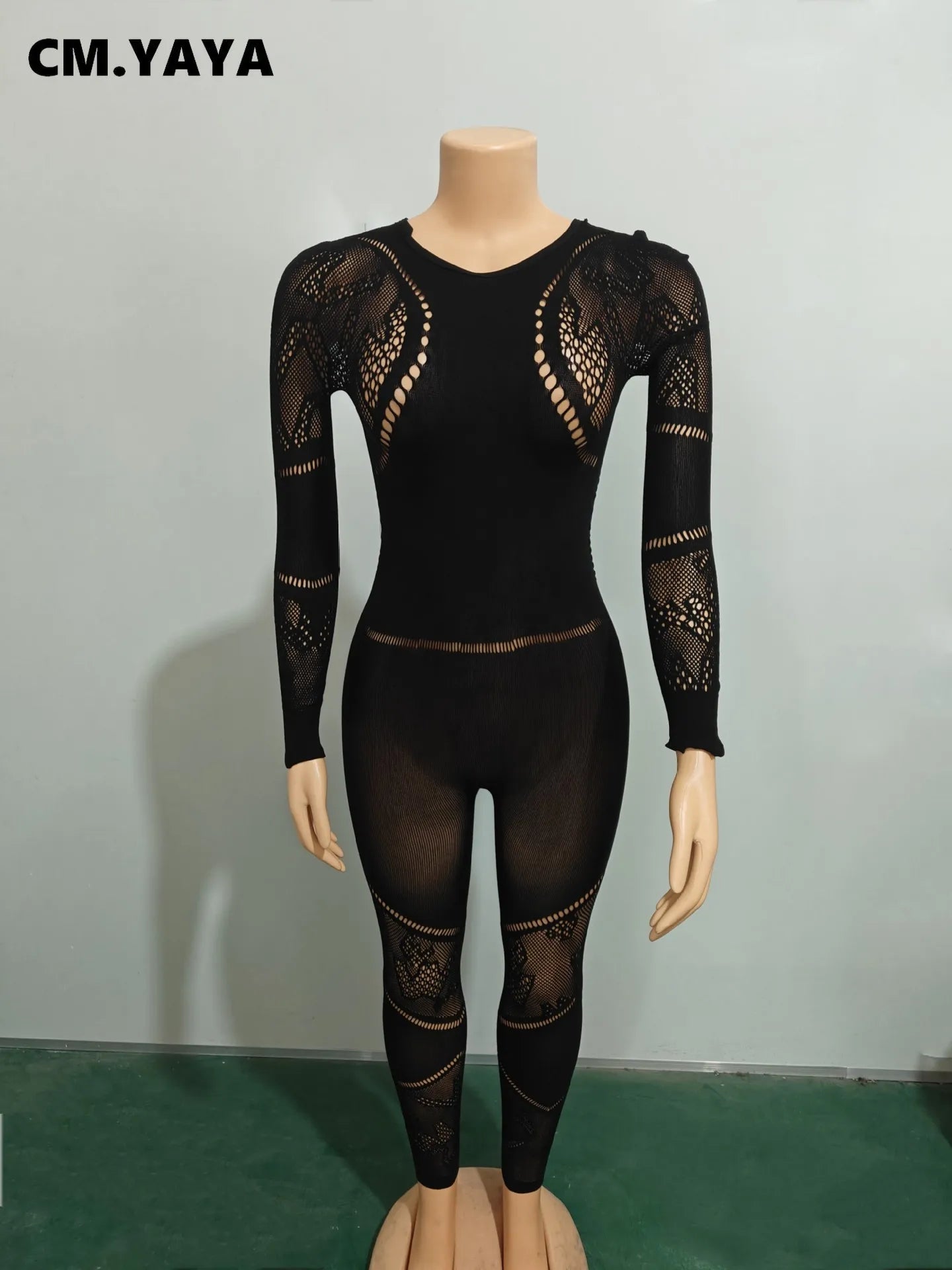 CM.YAYA Long Sleeve Sexy Mesh Lace Hollow Out Women’s Jumpsuits 2024 Fall O-Neck Night Club Party Pajamas One Piece Outfits