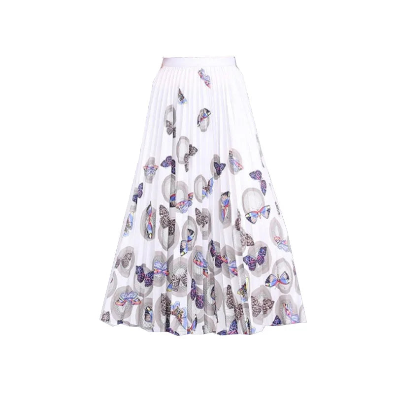 Casual Floral Midi Pleated Skirt For Women Fashion Printed Flower A Line Elastic High Waist Mid-length Skirt Female Ladies falda