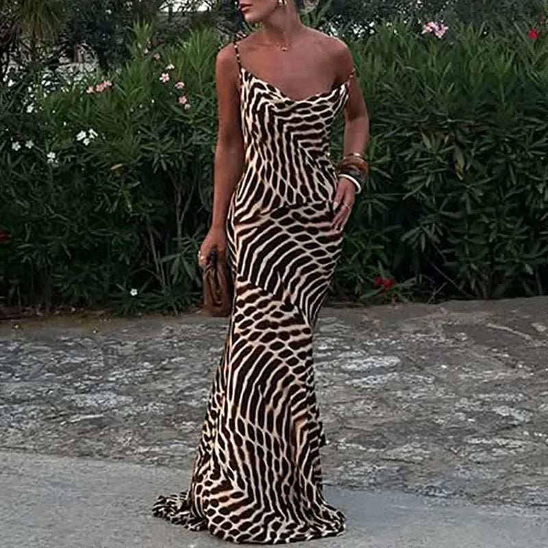 Vintage Leopard Print Slim Straps Long Dress Lady Casual Holiday Beach Bohemian Dress Spring Summer V Neck Sleeveless Maxi Dress