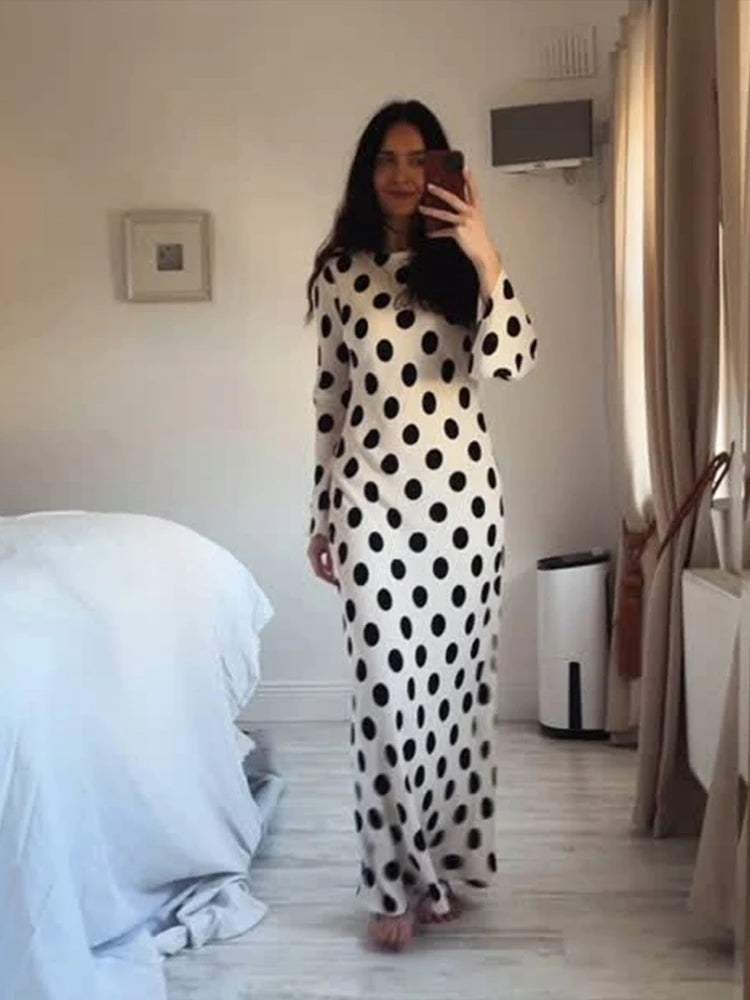 Black Dots Dress Long Sleeve  Art Modern Maxi Dress Long Sleeve High Neck Street Wear Print Bohemia Long Robe Gift 2025