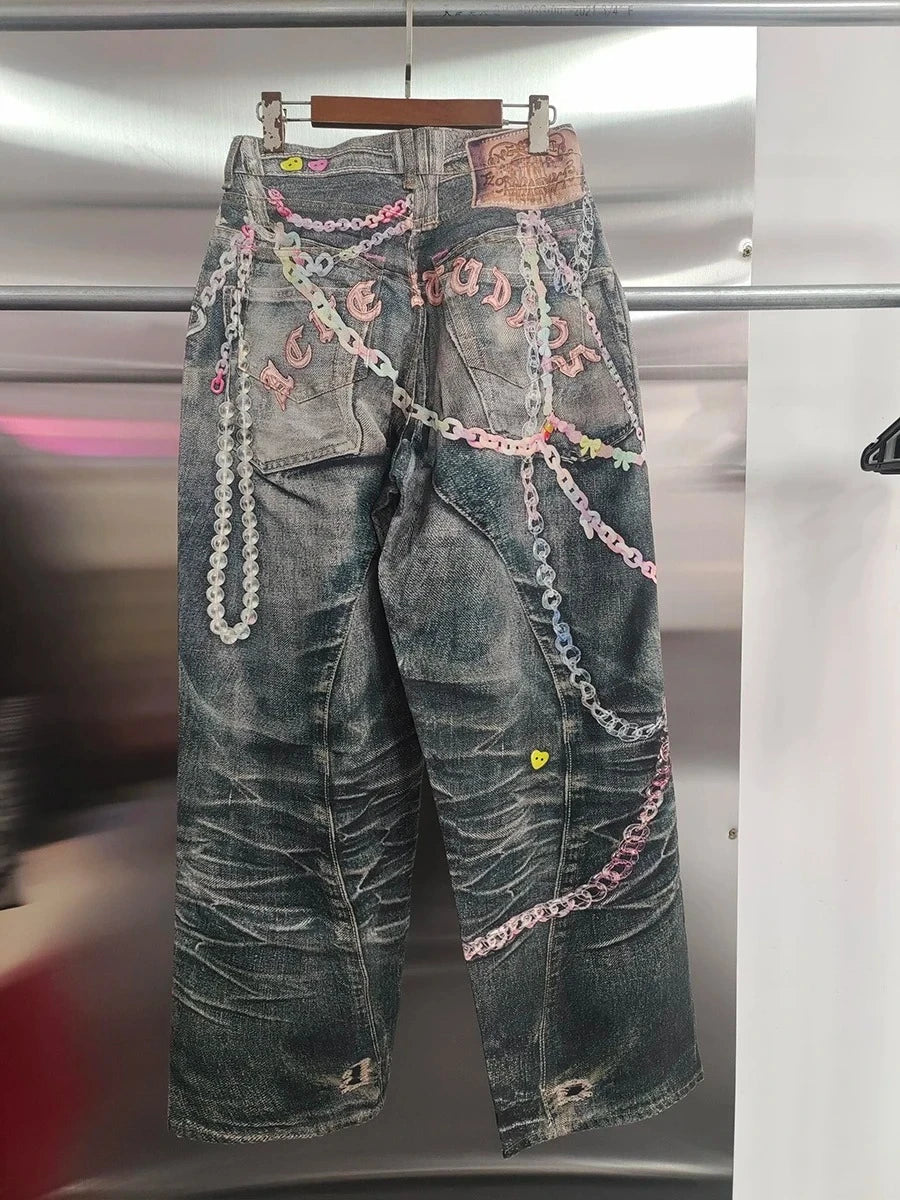 VGH Spliced Colorful Beading Chain Jeans for Women High Waist Patchwork Distressed American Retro Spring Trousers Female Style