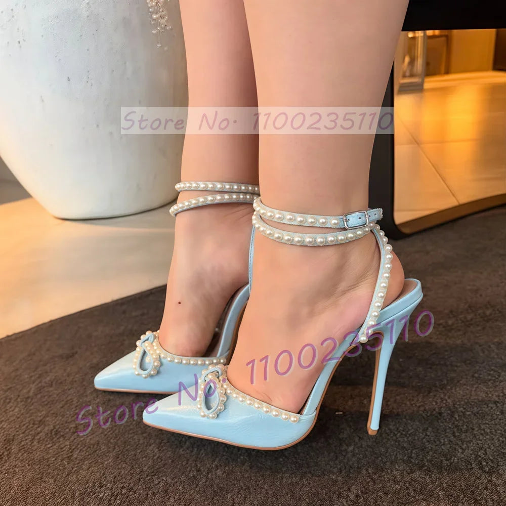 Pearl Bow Decal Pointy Toe Heeled Sandals Women Sweet Patent Leather Cross Ankle Strap Stiletto Ladies Summer Party Pink Sandals