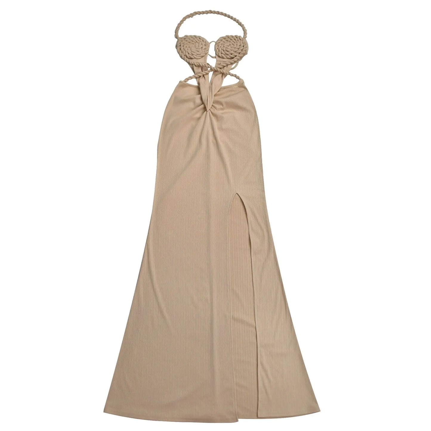 Joskaa Women's 2025 Summer Knit Halter Dress Sexy Hollow Backless Slit Bodycon Maxi Dresses Holiday Party Club Beachwear S-XXL