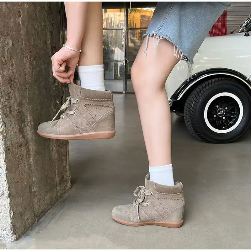 Brand Frosted Splicing Sneakers Women Fashion Versatile Casual High-top Shoes Inner Height Increase Textured Design Casual Shoes