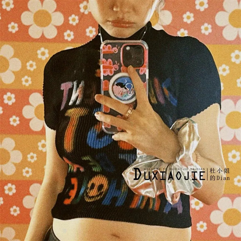 Women's T-shirt Harajuku Korean Y2k Graphic Print Short Sleeve Tee Top Clothes Fashion Vintage Streetwear Elastic T-shirt 2025