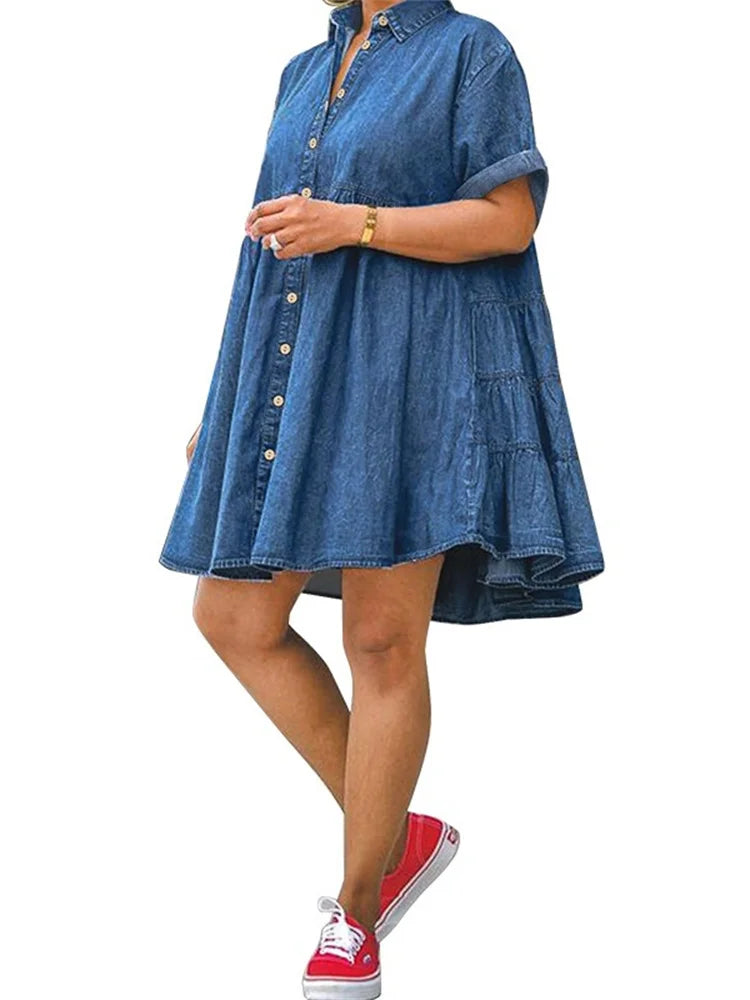Wmstar Plus Size Denim Dresses Women Elegant Casual Loose Short Sleeve Summer Midi Dress Wholesale Dropshipping New Style