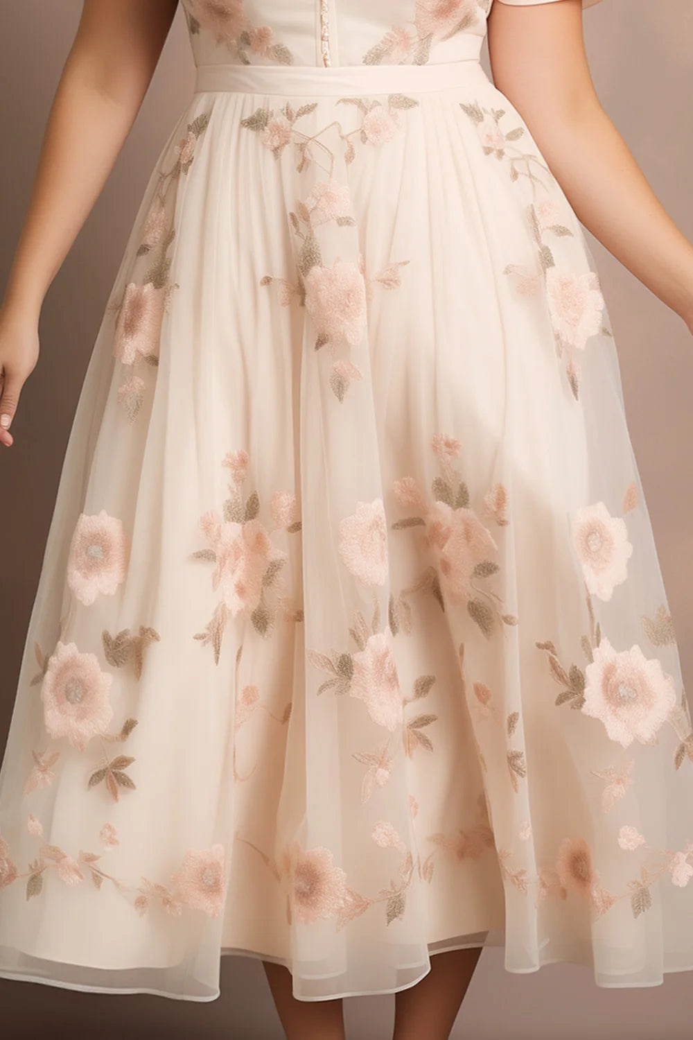 Flycurvy Plus Size Wedding Guest Beige Mesh Button Floral Print Midi Dress