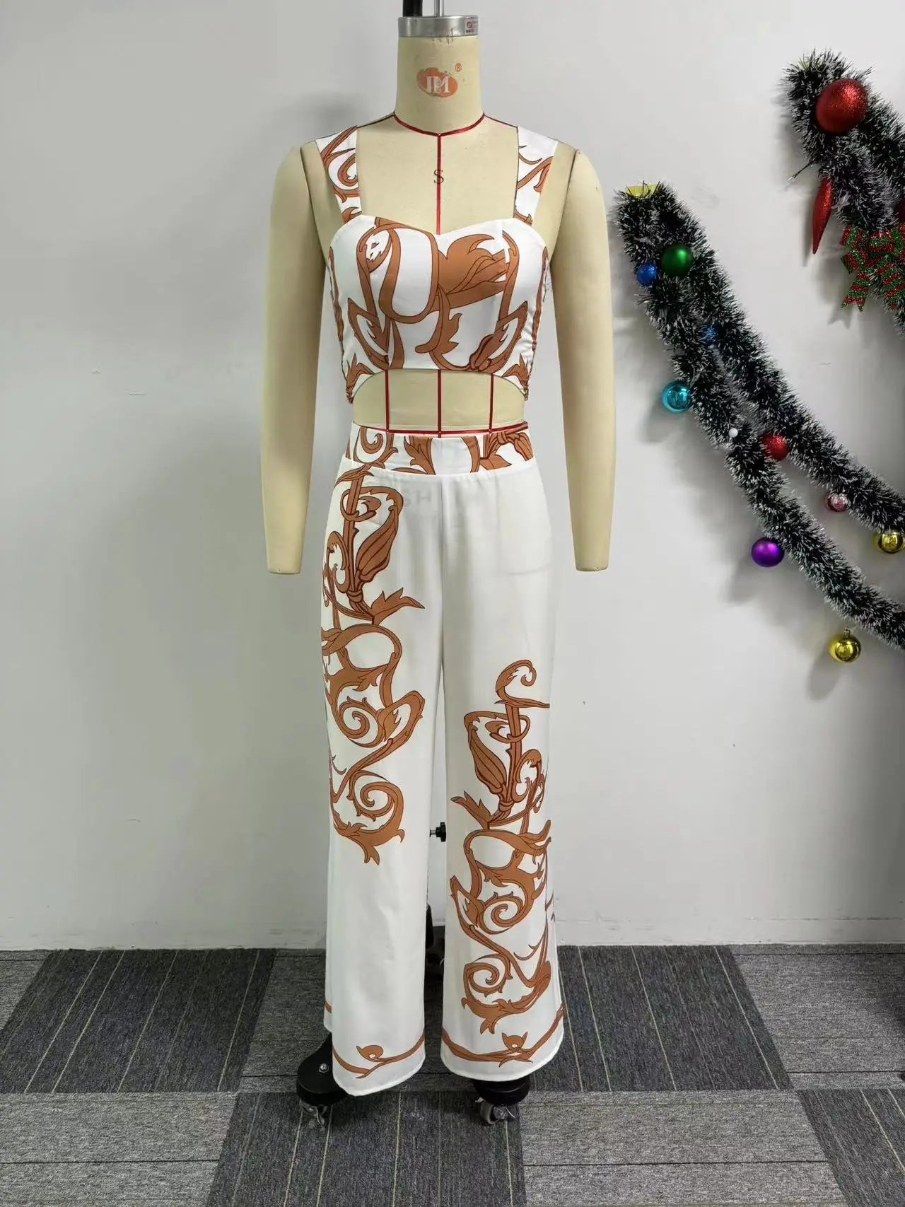 CM.YAYA 2024 Summer Women's Set Sleeveless Strapless Tops +Wide Leg Pants Print Party Street Two 2 Piece Sets Outfits Tracksuit