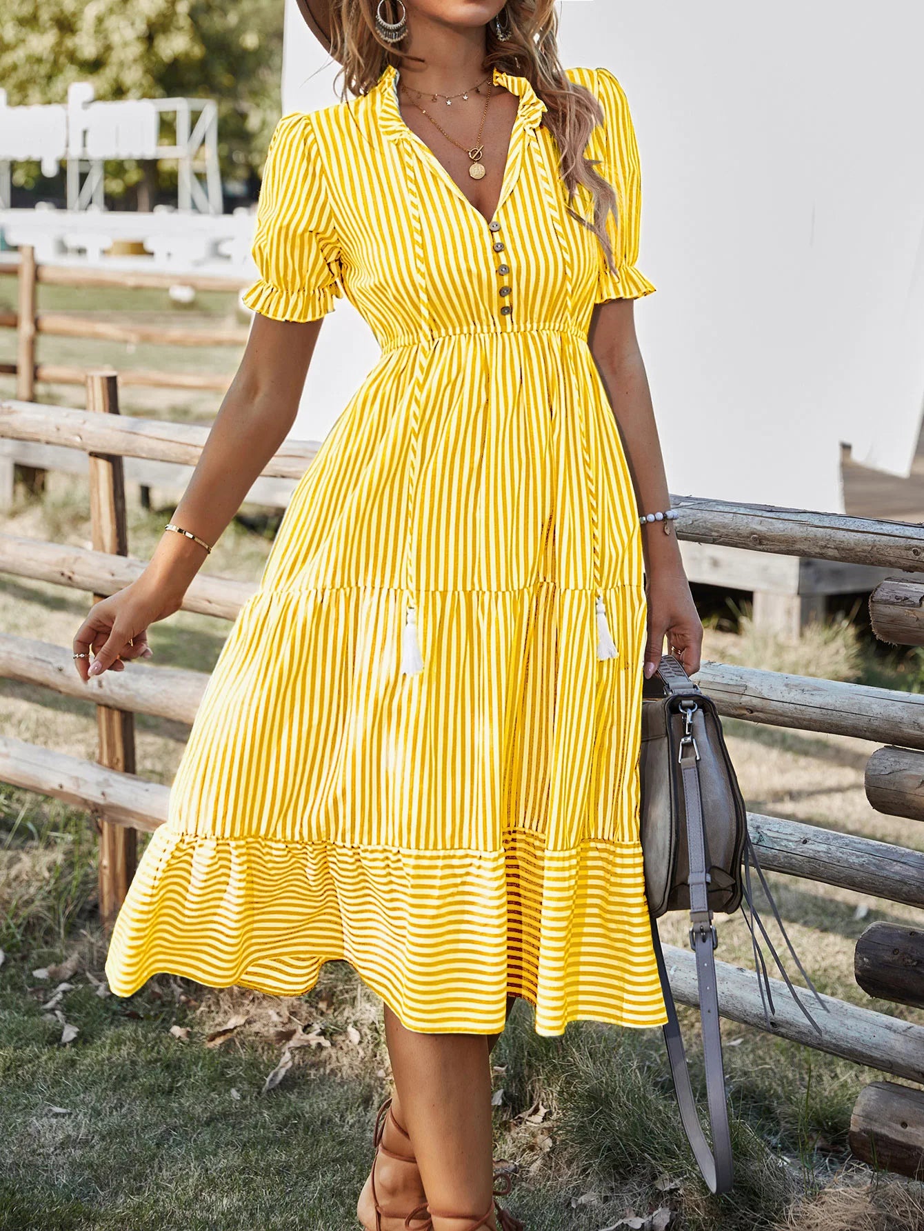 Summer Women's Striped Short Sleeve V-Neck Elastic Waist Dress