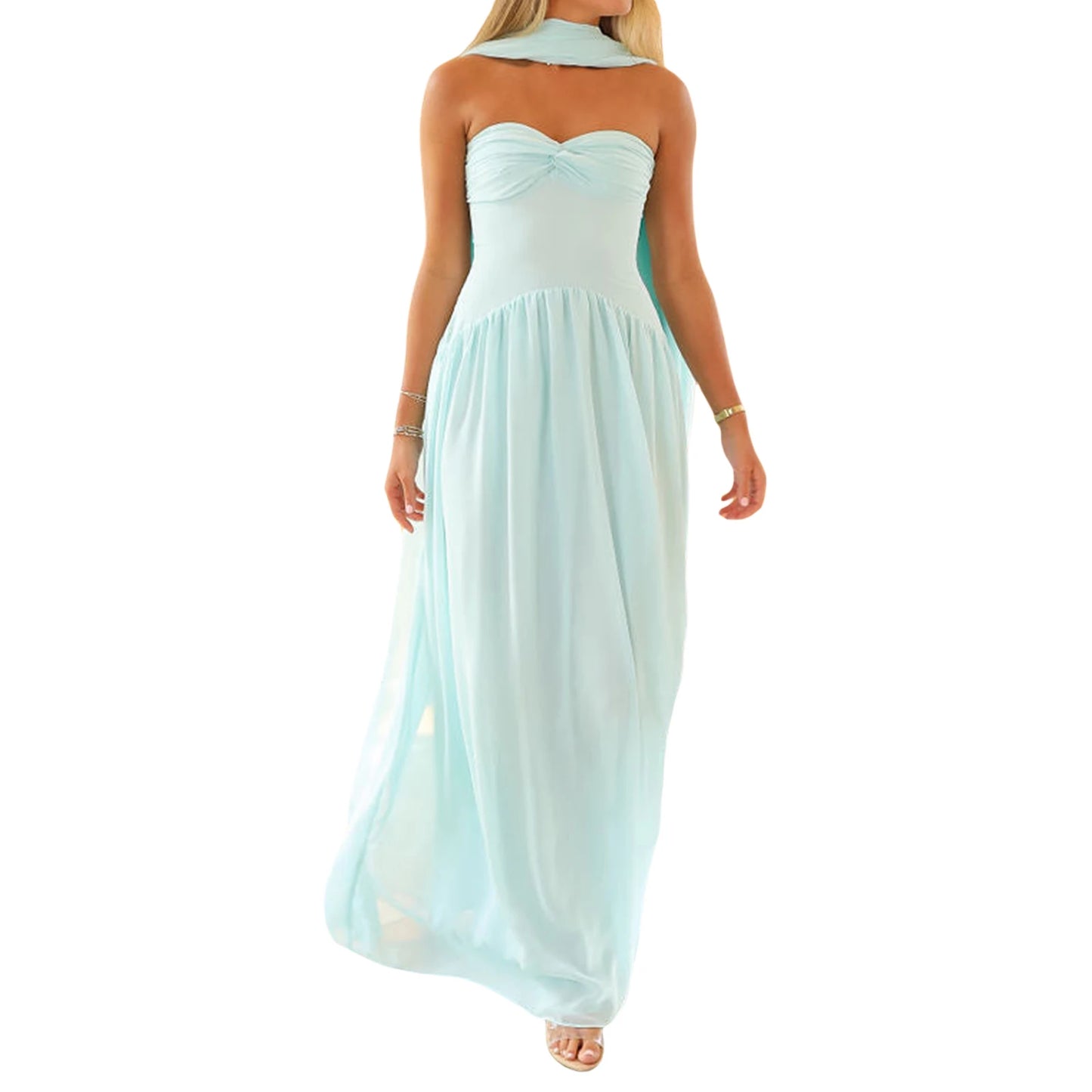 Women Long Dress Solid Color Tube Dress Summer Fashion Backless Casual Strapless Dress with Choker Scarf