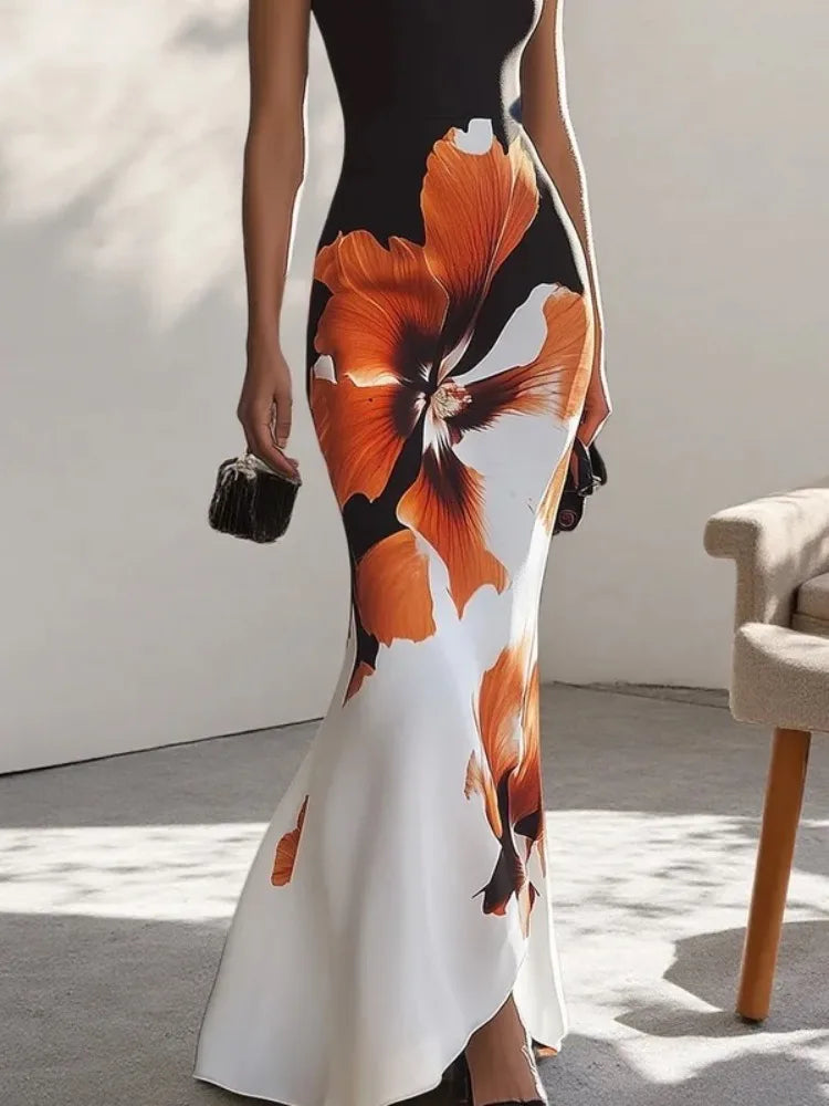 Gymystars Skinny Sleeveless Flower Print Dress Women's Evening Dresses Elegant Sexy Outfit Black White Flowers Party Dress Robe