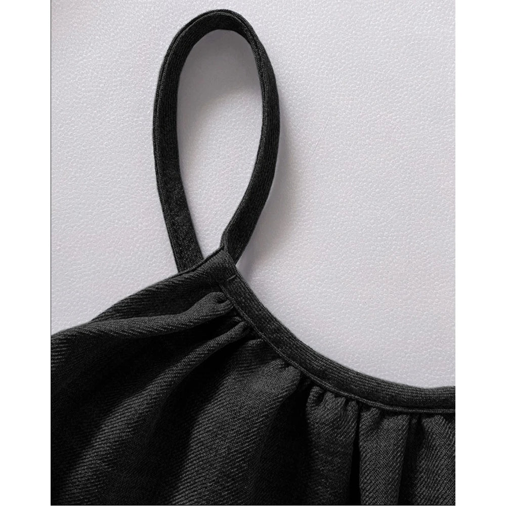 Women Solid Color Round Neck Wide Leg Straight Overalls Summer Spaghetti Strap Drawstring Waist Casual Black Jumpsuits