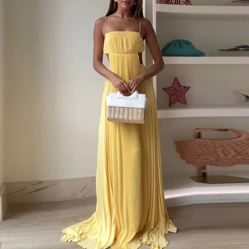Sexy Lady Backless Solid Swing Dress Elegant Sleeveless Hollow Long Dress Fashion Off Shoulder High Waist Pleated Evening Dress