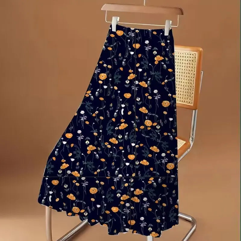 Women's Floral Printed Long Chiffon Skirt, Elastic, High Waist, A Line, Max Pleated, Summer, Fashion