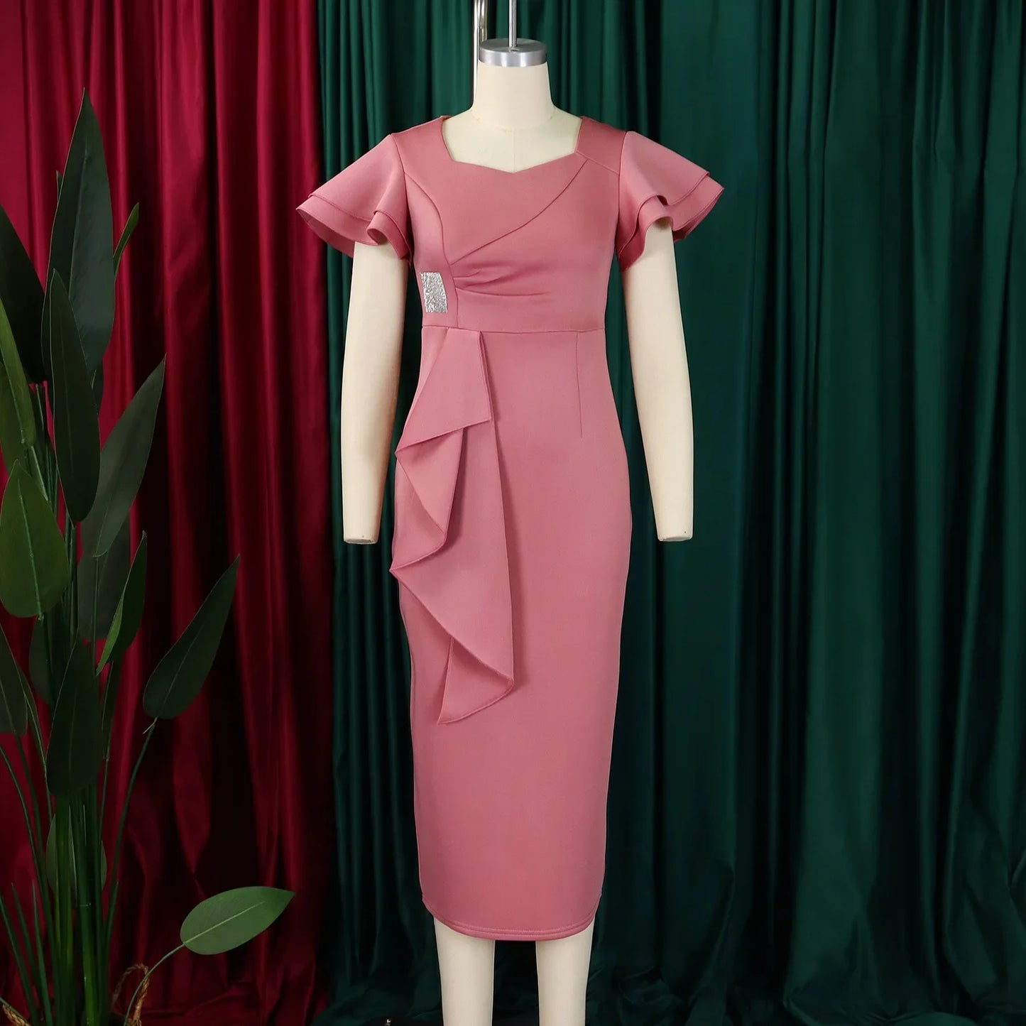 Elegant Pure Color African Style Wrap Dress D3310 New Fashionable Transoceanic Dress with Lace Trim Elegant African Dress