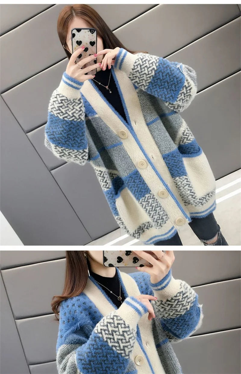 Mink Velvet Knitted Cardigan Jacket Women's 2022 New Loose Ladies Sweater Outerwear Spring And Autumn All-Match Button Jacket