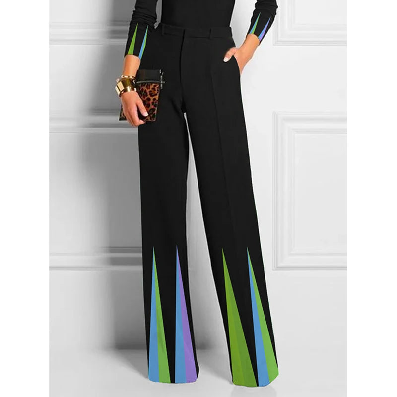 2025 New Women Black Printed Straight Leg Pants Pockets Loose Fit High Waisted Office Business Casual Trousers
