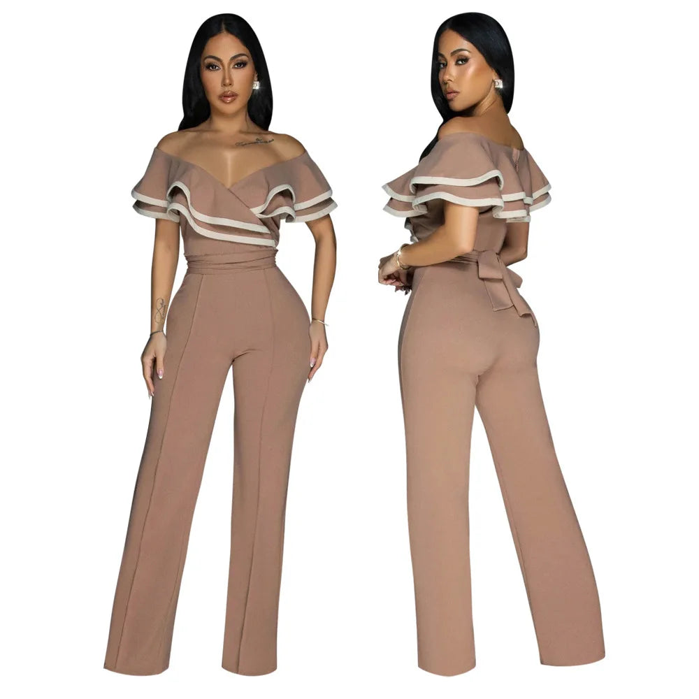 CM.YAYA Women V-neck Off Shoulder Ruffles Wide Leg Jumpsuits 2024 Summer Fashion Sexy Party Playsuit One Piece Suit Rompers