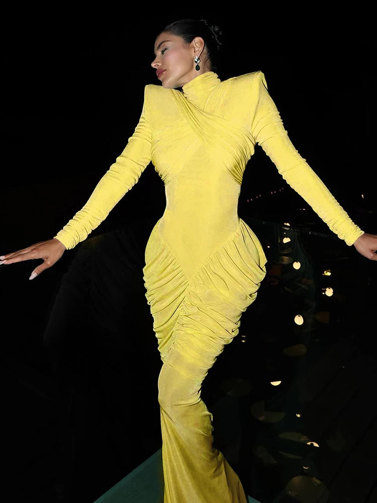 Elegant Ruched Backless Turtleneck Maxi Dress for Women