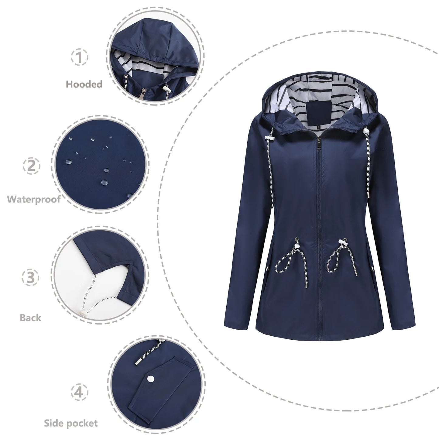 Women Outdoor Windbreaker Casual Loose Hooded Waterproof Raincoat Long Sleeve Solid Color Mid-length Zipper Hiking Jackets