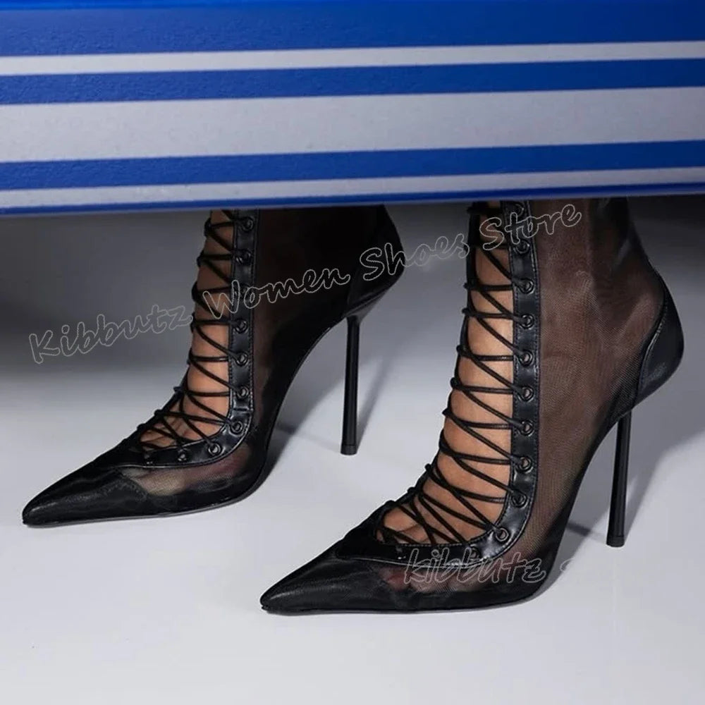 Lace-Up Sandal Ankle Boots Mesh Leather Solid Color Fashion Elegant Luxury Concise Sexy Party Dress Women Shoes New Pointy Heels